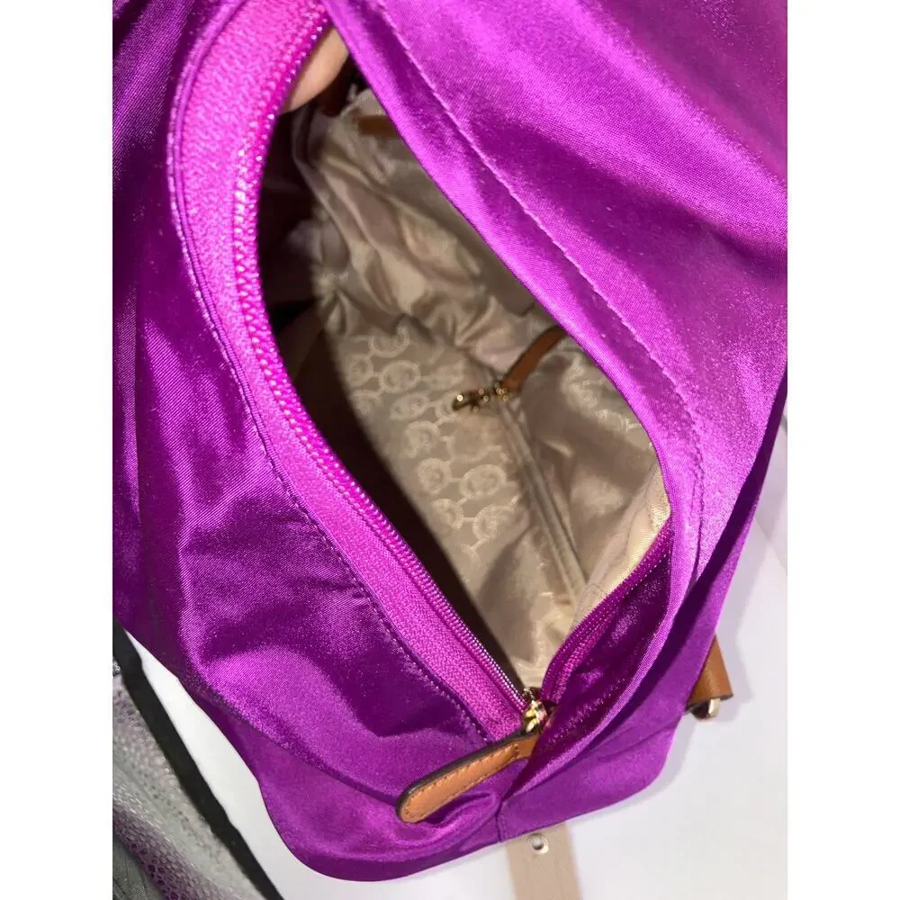 MICHAEL KORS, LARGE PURPLE, BROWN NYLON LOCK CHARM BACKPACK